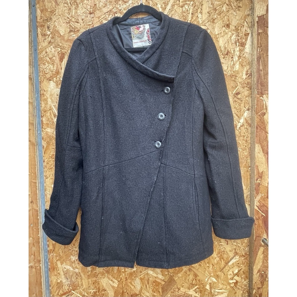 Free People Asymmetrical Coat Jacket Size 12 Black Raw Edge Pockets Wool Goth